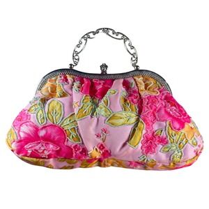 Vintage Floral Beaded Kiss-Lock Clutch Purse Embroidered‎ with Chain Handle